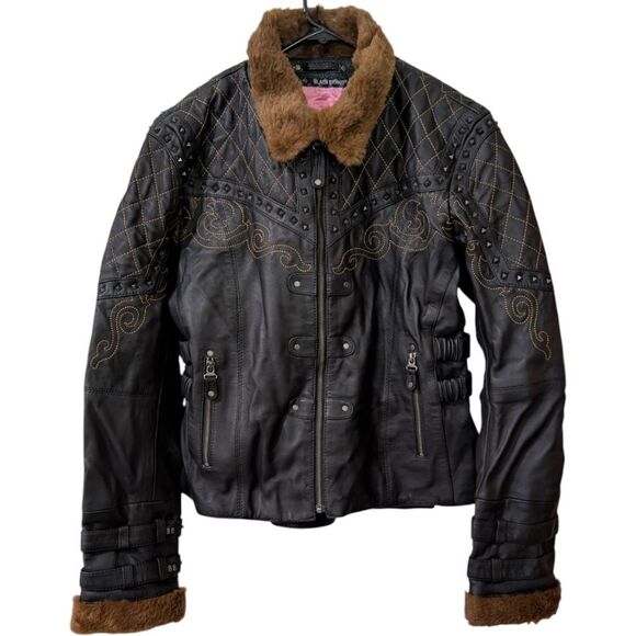 Black Brand Women's XL Sheared Beaver Sheep Leather Studded Jacket Fux Fur Trim - Picture 1 of 14